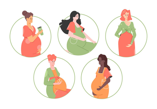 Conjunto de mujeres embarazadas de diferentes nacionalidades. Las futuras madres.. - Vector, imagen