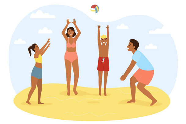 Active family mother, father, son and daughter play with a ball on the beach. Family holidays. Vector flat illustraition. - Vector, Image