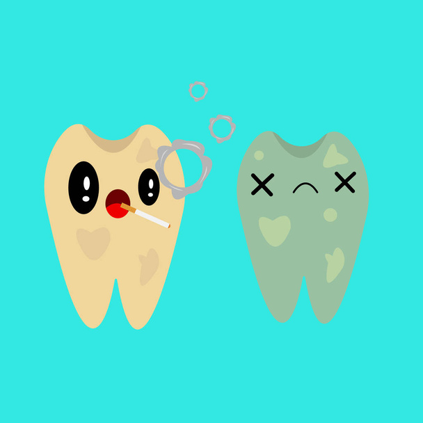 Hygiène dentaire buccale et concept de santé dentaire, personnage de dessin animé dentaire avec une émotion triste recouverte de taches jaunes de nicotine - Vecteur, image