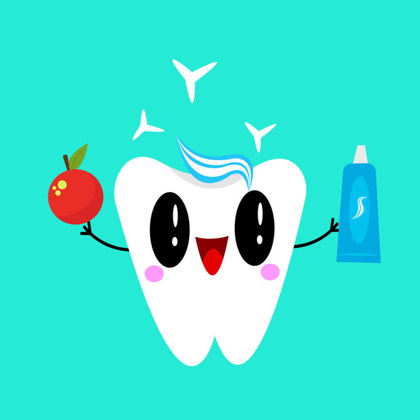 sarjakuvahahmo onnellinen terve hammas hammastahna ja hedelmät, vektori kuva - Vektori, kuva