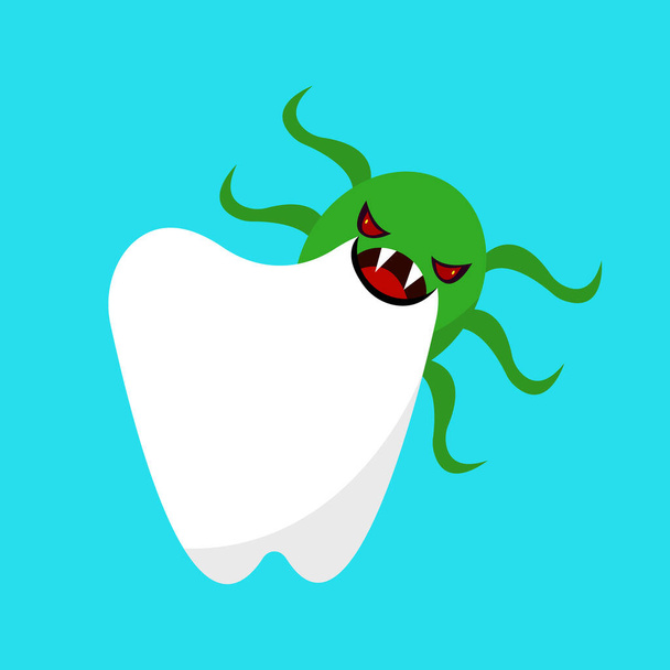 postać kreskówki przestraszony ząb przez potwora bakterii, ilustracja wektor - Wektor, obraz