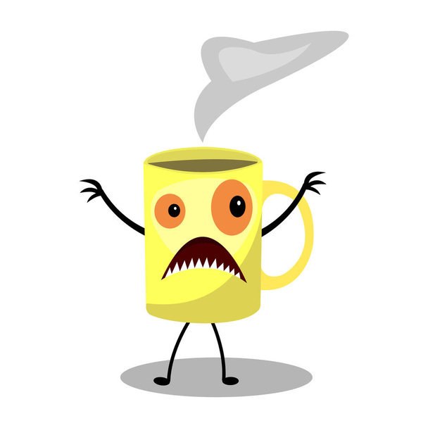 ilustración de la fantasía de dibujos animados monstruo taza de café personaje con ojos naranjas y dientes afilados sobre fondo blanco - Vector, imagen