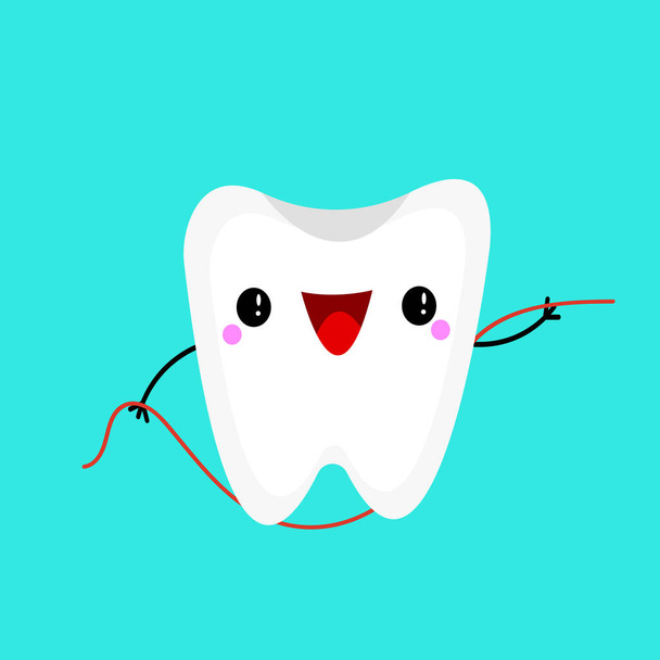 personagem cartoon do dente feliz com fio dental, ilustração vetorial - Vetor, Imagem