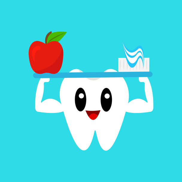 мультяшний характер щасливого зуба з червоним яблуком і зубною щіткою
 - Вектор, зображення