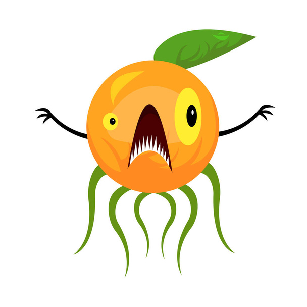иллюстрация фантастического мультфильма монстр оранжевый символ с желтыми глазами и острыми зубами на белом фоне - Вектор,изображение