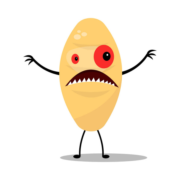 Illustration der Fantasie-Cartoon-Monster-Kartoffelfigur mit roten Augen und scharfen Zähnen auf weißem Hintergrund - Vektor, Bild
