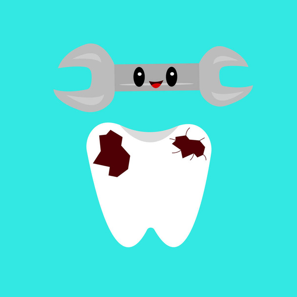 cartoon character of happy wrench with caries tooth, vector illustration - Vector, Image