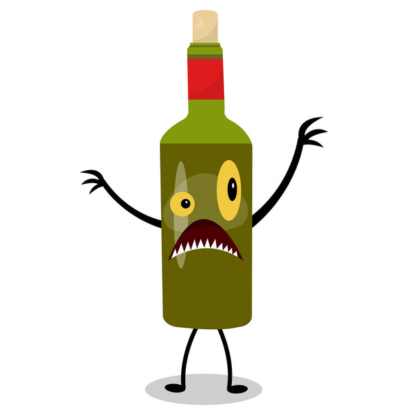 ilustración del personaje de la botella monstruo de dibujos animados de fantasía con ojos amarillos y dientes afilados sobre fondo blanco - Vector, imagen
