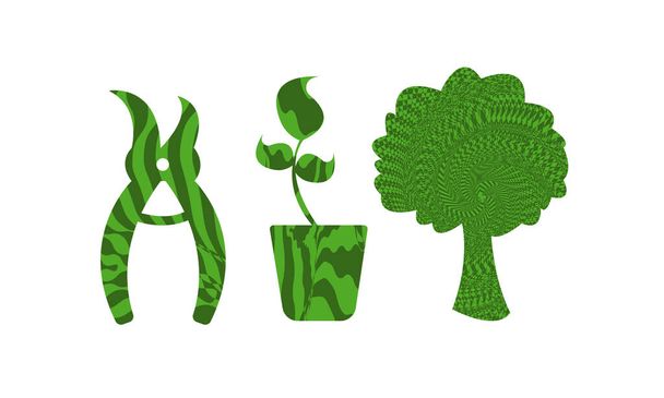 metszőolló, fa és növény illusztrációja absztrakt bordás hipnotikus mintákkal pop art stílusban - Vektor, kép