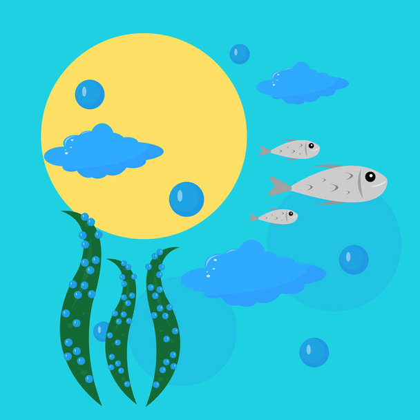 cartoon fantasy undersea world with fishes swimming in algae and big sun among the clouds. vector illustration - Διάνυσμα, εικόνα