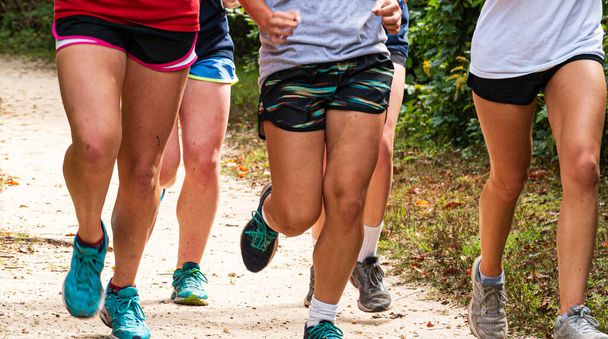 Zamknij grupę licealistek biegających razem na brudnej ścieżce w lesie podczas treningu biegowego. - Zdjęcie, obraz