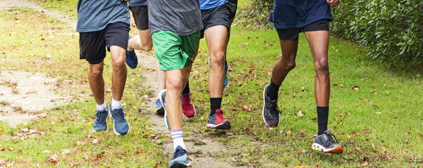 Front view of a group of high school cross country runners running together on a path in a local park. - Photo, Image