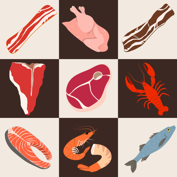 Fisch und Fleisch flache Symbole - Vektor, Bild