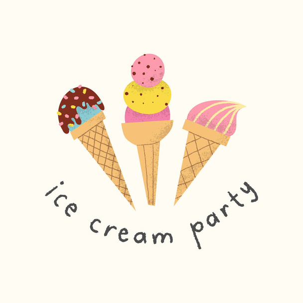 Ice cream party card design. Cute hand drawn flat decorated waffle cones with texture. - ベクター画像