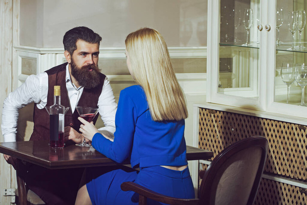 Couple in love dating in restaurant. Relationship of sensual couple. - Fotoğraf, Görsel