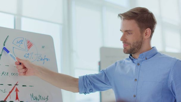 Podnikatel analyzuje datovou kancelář. Důvěryhodný muž ukazuje rukou flip chart - Fotografie, Obrázek