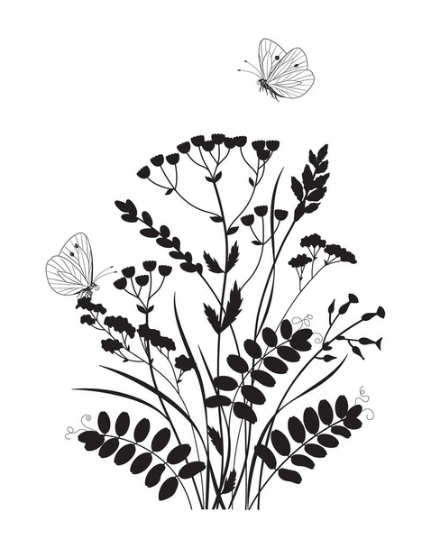 Monochrome composition with butterflies and wild flowers. Black silhouette of wildflowers, grasses, flying and sitting butterflies on white background. Vector illustration. - Vector, Imagen