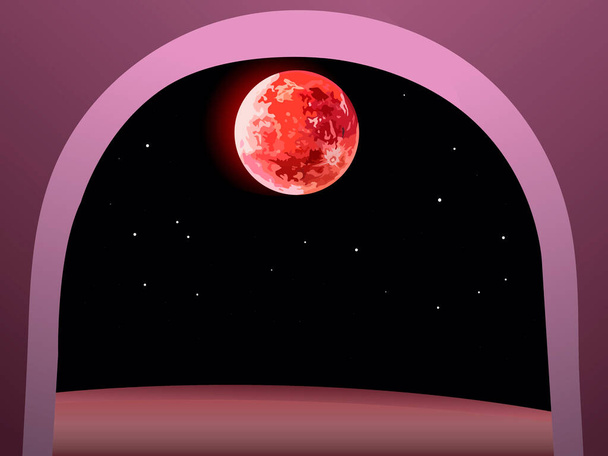 uma vista de uma janela arqueada para o espaço exterior, onde um planeta vermelho está localizado contra um fundo de estrelas, um desenho para papel de parede foto ou impressões nas paredes, bem como para ilustrações fantásticas sobre um tema espacial - Vetor, Imagem