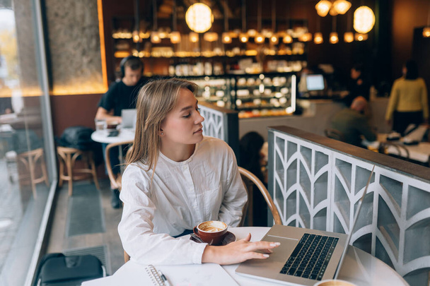 Fiatal hölgy böngészi az internetet a kávézóban - Fotó, kép