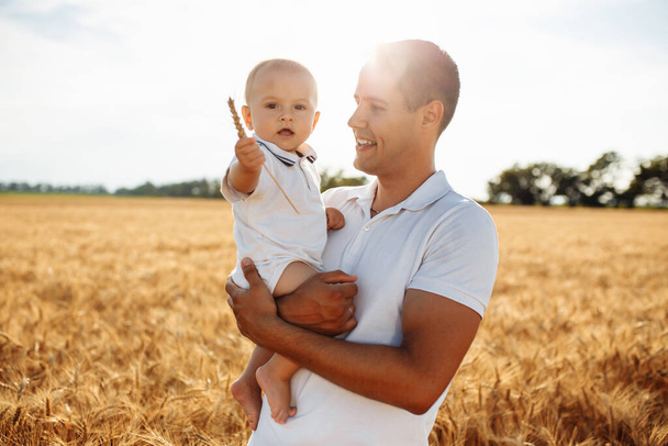 Bir baba oğlunu altın buğday tarlasının ortasında ellerinin arasında tutar. Güneşli bir günde çocuğuyla dışarıda eğlenen bir adam. Aile değerleri ve mutluluk kavramı - Fotoğraf, Görsel