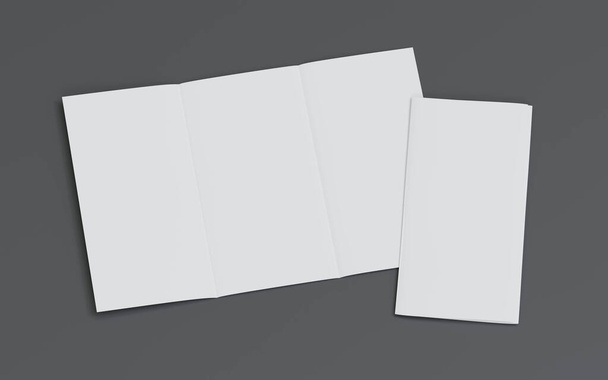 Üç katlı broşür, gri arkaplan 3d resimleme üzerine beyaz şablon kağıdı - Fotoğraf, Görsel