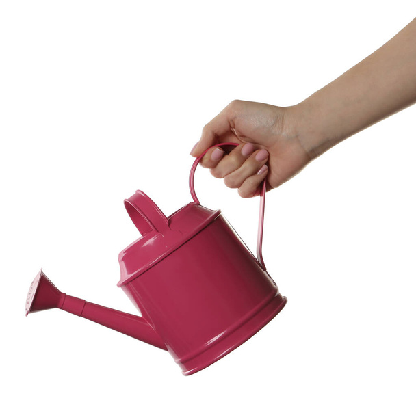 Woman holding watering can on white background, closeup - Fotografie, Obrázek