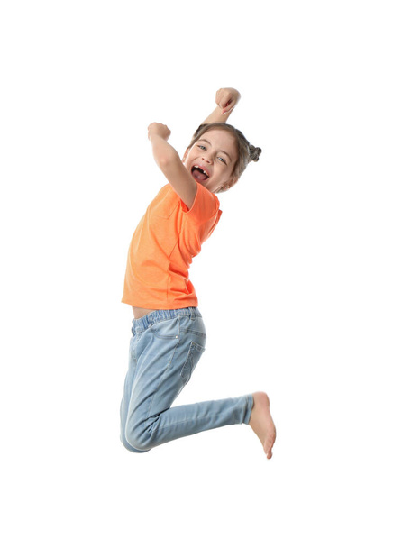Cute little girl jumping on white background - Zdjęcie, obraz