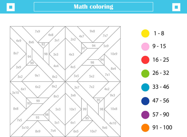 Mathematical coloring for schoolchildren. Multiplication. Worksheet - Вектор,изображение