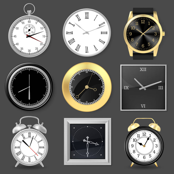 Realistic clocks. Wristwatch, alarm clock and silver metal wall clocks, 3D clock face vector illustration set. Round analog clocks - Vector, Image