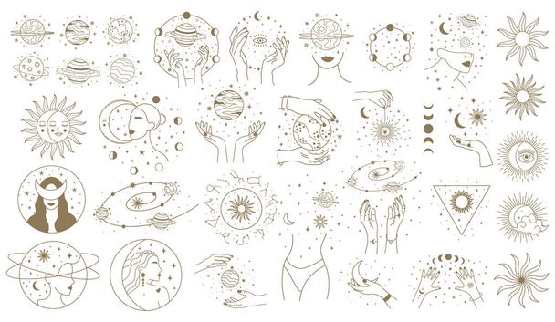 Мистические астрологические элементы. Волшебные космические объекты, планеты, звезды с женскими руками и лицами векторные иллюстрации набор. Минималистские женские космические объекты - Вектор,изображение