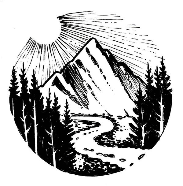 Pico de montaña, río y bosque. Dibujo en blanco y negro de tinta - Foto, Imagen