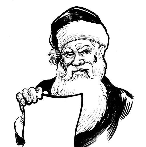 İçinde boş bir kağıt olan Noel Baba. Mürekkep siyah beyaz çizim - Fotoğraf, Görsel
