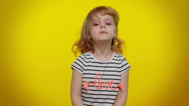 Displeased upset kid child reacting to unpleasant awful idea, wave hand, shake head, dismiss idea - Footage, Video