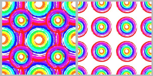 Conjunto de patrones geométricos sin costura. Círculos abstractos en colores brillantes sobre un fondo blanco aislado. Para folleto, póster, cubierta, impresión textil, diseño de tela  - Vector, Imagen