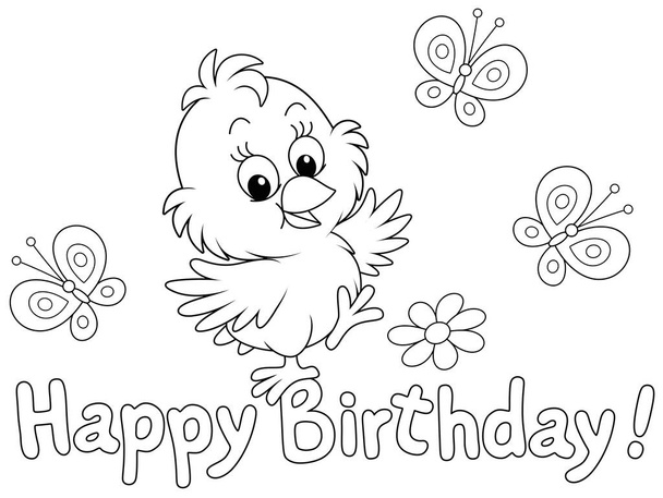 Birthday card with a happy little chick dancing with merry small butterflies flittering around, black and white outline vector cartoon illustration for a coloring book page - Vektor, obrázek