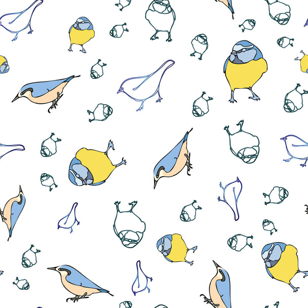 Vector white background birds silhouette seamless pattern. Blue tit, Purple Finch, Seamless pattern background - Vektör, Görsel