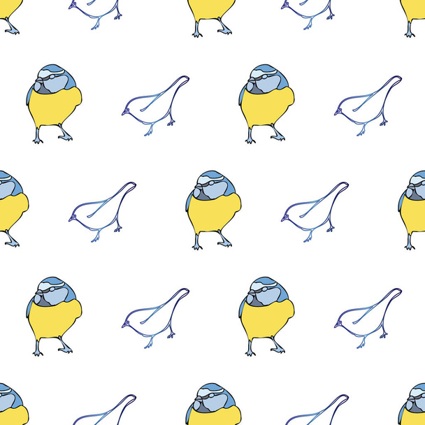 Vector white background birds silhouette seamless pattern. Blue tit, Purple Finch, Seamless pattern background - Vector, afbeelding