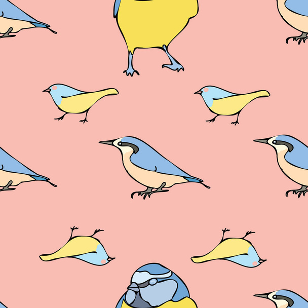 Векторный силуэт птиц на розовом фоне - безмордый узор. Голубая синица, фиолетовый финч, безморщинистый фон - Вектор,изображение