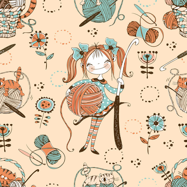 Crocheting. Seamless pattern. Cute needlewoman with a crochet hook. Vector. - Vector, Image