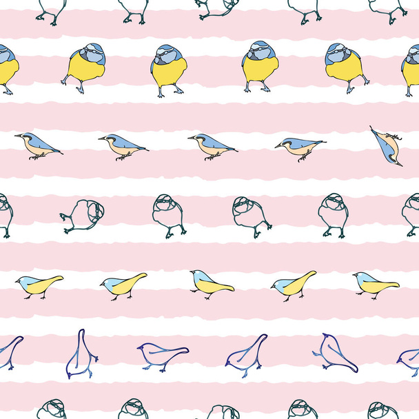 Vector pastel pink background birds silhouette seamless pattern. Blue tit, Purple Finch, Seamless pattern background - Vecteur, image