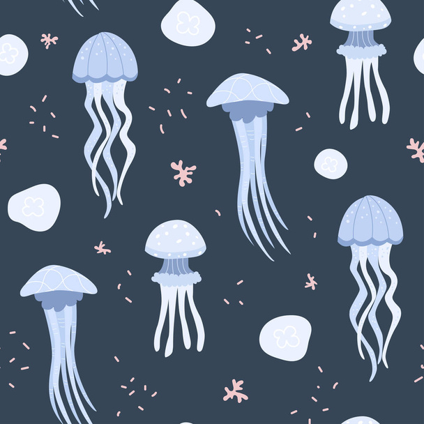 Seamless marine pattern with various deep sea jellyfish. Great for fabric, textile. Vector Illustration - Вектор, зображення