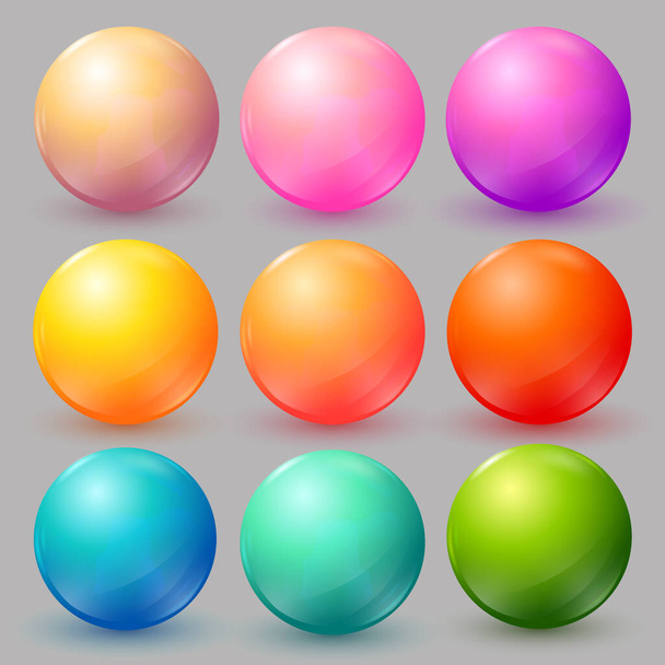 Векторные шарики готовы. Коллекция разноцветных шаров с тенью. Глянцевые сферы выделены на сером фоне. Коллекция значков, иконки игр. Векторная иллюстрация для вашего дизайна EPS10 - Вектор,изображение