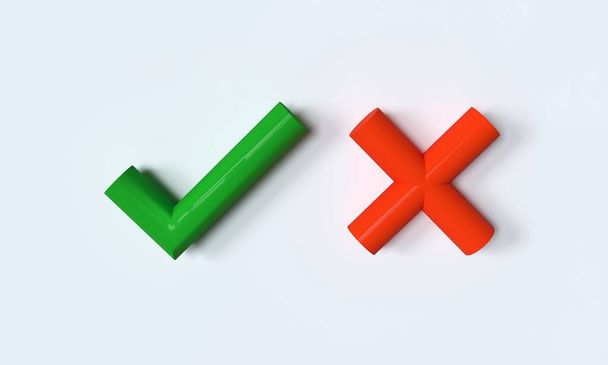 Señal de verificación verde y cruz roja sobre fondo blanco. ilustración 3d - Foto, Imagen