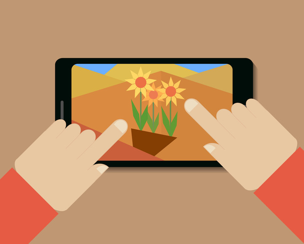 mobilní telefon s obrázkem květin a ruce - Vektor, obrázek