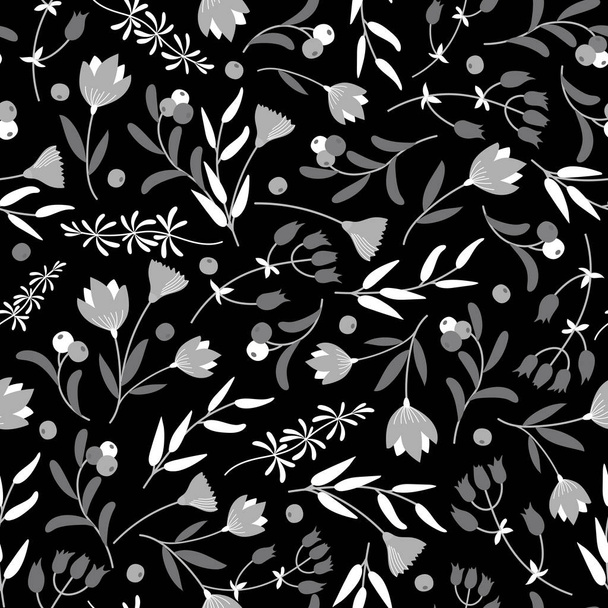 Abstract seamless pattern with white and gray flowers on the Black background.Summer floral vector illustration with tiny leaves. - Vector, imagen