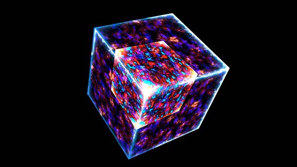 poderosa magia hielo perno cubo fusión y violeta poder misterio energía superficie y eterna llama cubo en el núcleo sobre fondo negro - Foto, imagen