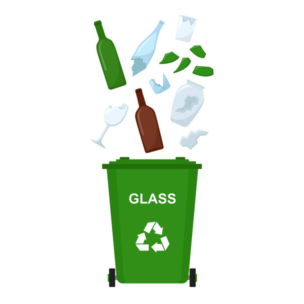 Kosz na śmieci z odpadami szkła, śmieci recyklingu, ilustracja wektor - Wektor, obraz