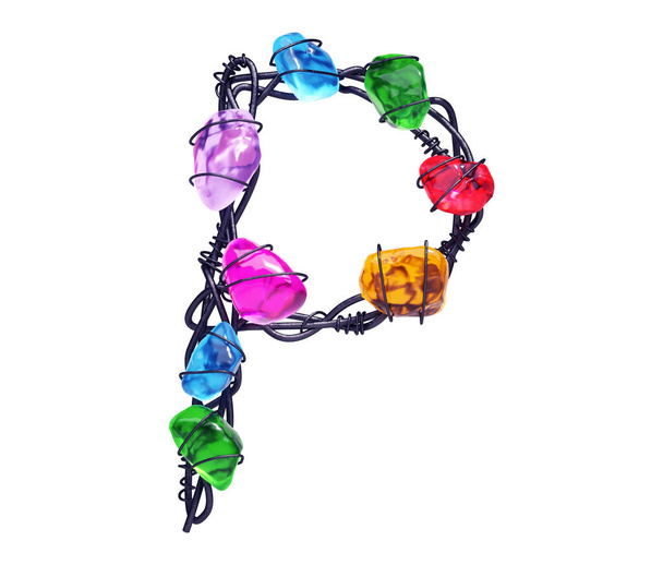 Gems on a wire. Font. Letter P. - Photo, image