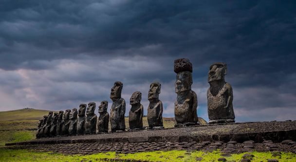 sky and clouds on Moai in Easter island, pacific ocean, chile - Photo, Image