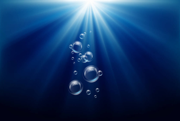 Λαμπερός ήλιος σε καταγάλανη θάλασσα κάτω από το νερό με φυσαλίδες αέρα. βαθύς γαλάζιος ωκεανός στο νερό - Διάνυσμα, εικόνα